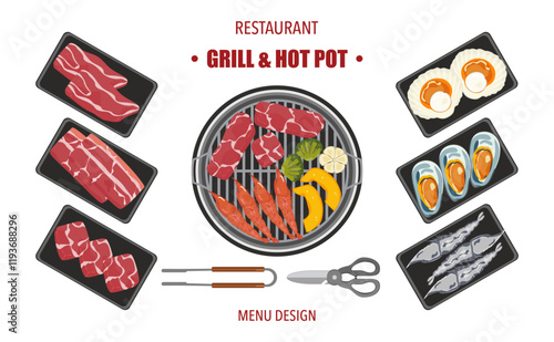 Vector set of grilled food, shabu, hot pot, and various spices. The vegetables are grilled in hot pot kitchen utensils. Top view. Isolated on a white background. For elements in designing a food menus