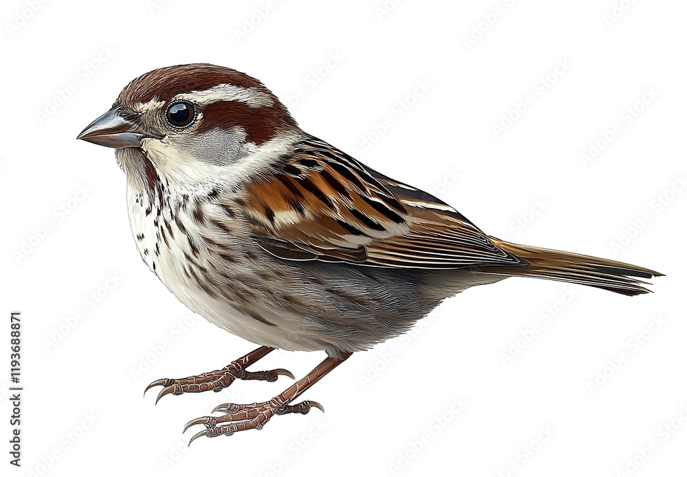 Fototapeta premium A beautiful sparrow photorealistic on a white background high-resolution digital photography high quality bright professional studio lighting sharp focus depth of field highly detailed