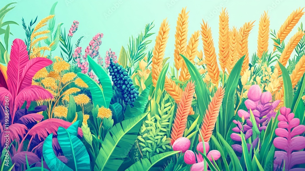 Obraz premium Vibrant illustration of edible plants featuring agricultural crops cash crops like wheat and rice