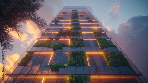 Wallpaper Mural Modern skyscraper with integrated vertical garden at sunset. Torontodigital.ca