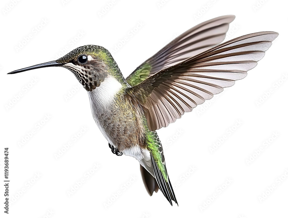 Fototapeta premium An ultra-realistic photograph of a hummingbird in flight side view isolated on a white background with realistic studio lighting