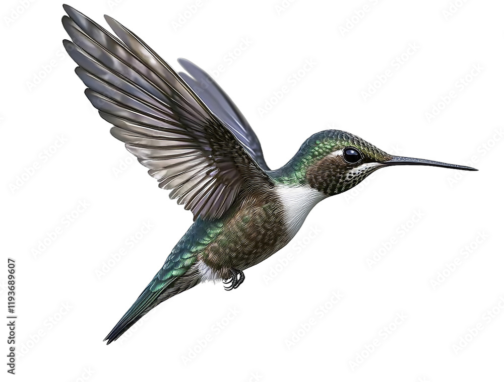 A realistic flying hummingbird side view of the bird with spread wings white background high-resolution photography A realistic flying hummingbird side view of the bird with spread wings white background high-resolution photography