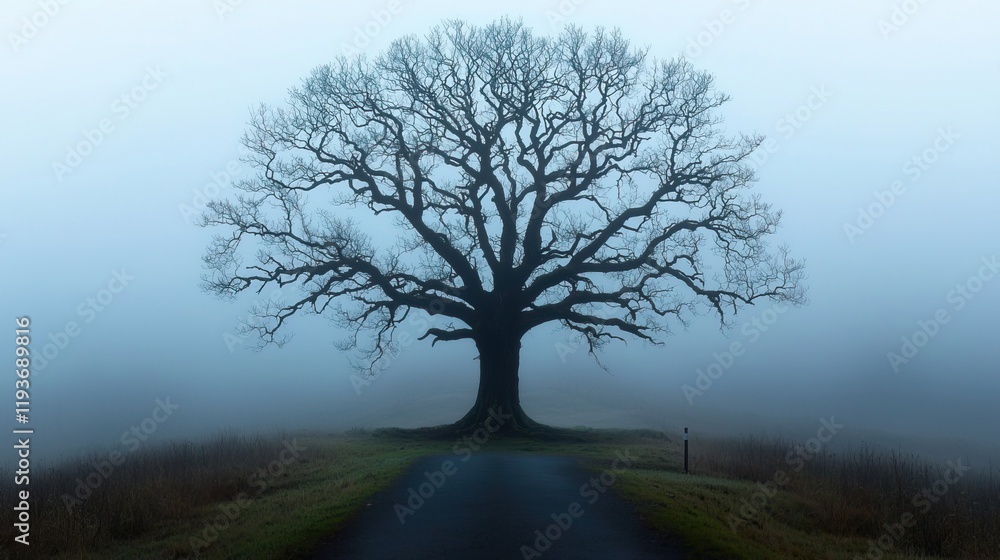Mystic Fairy Tree in Foggy Forest Landscape at Dusk, Fairy tree in mystic forest concept.