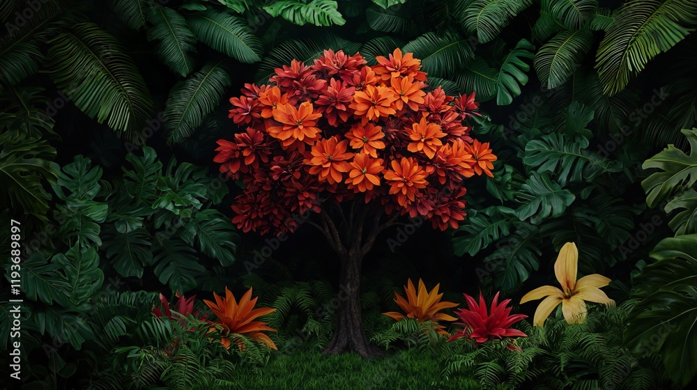 Enchanted Fairy Tree Surrounded by Vibrant Flora in a Mystical Setting, Fairy tree in mystic forest concept. Enchanted Fairy Tree Surrounded by Vibrant Flora in a Mystical Setting, Fairy tree in mystic forest concept.