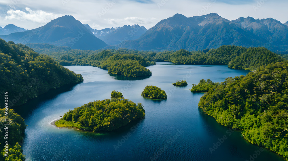 A serene alpine lake with tiny islands surrounded by lush green forests and towering mountains. A serene alpine lake with tiny islands surrounded by lush green forests and towering mountains.