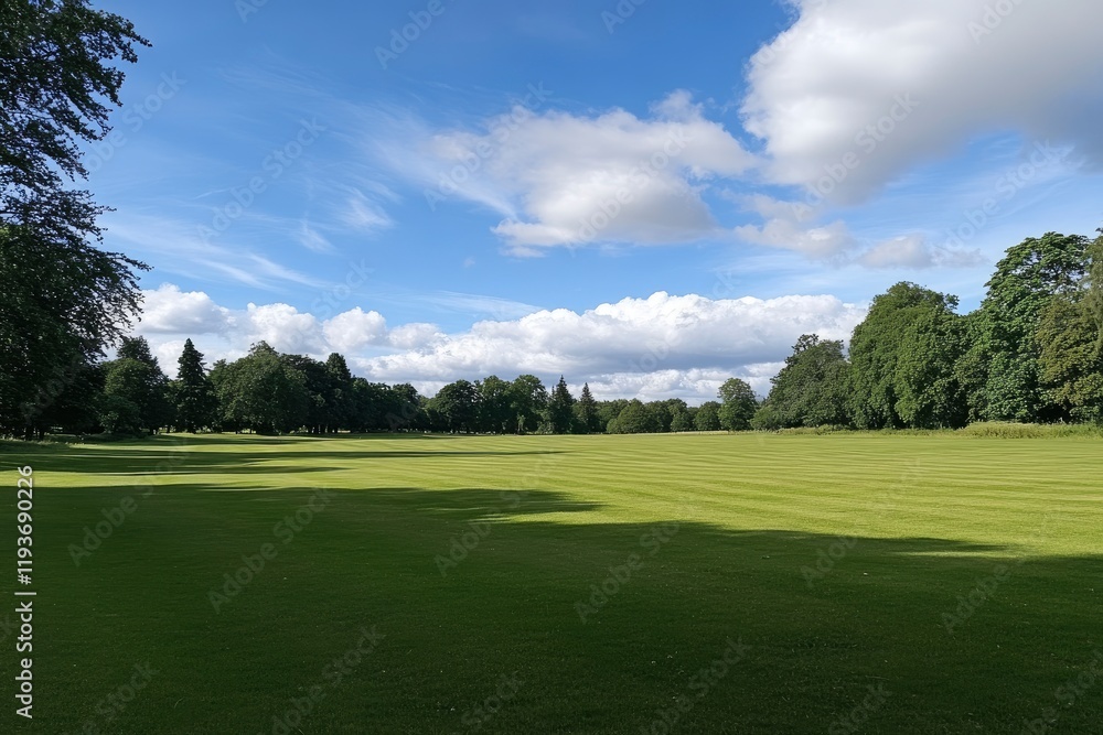 Beautiful green grass field in a park with a blue sky and clouds in the background, a summer nature landscape with trees for outdoor sports or a playground on a sunny day Beautiful green grass field in a park with a blue sky and clouds in the background, a summer nature landscape with trees for outdoor sports or a playground on a sunny day