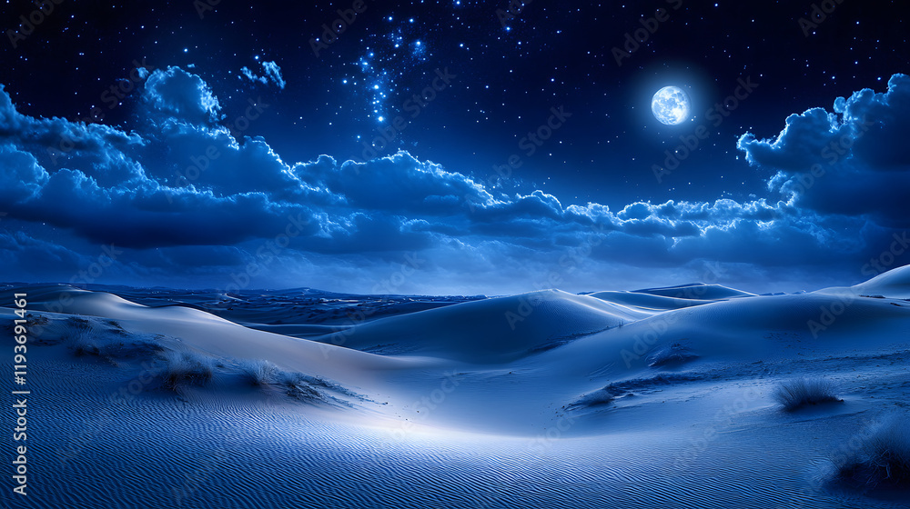 Naklejka premium A serene desert landscape with vast dunes under a starry night sky illuminated by soft moonlight.