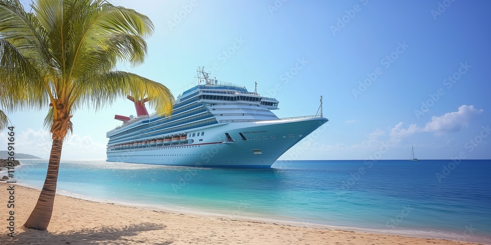 Obraz premium Cruise To Caribbean With Palm tree On Coral Beach