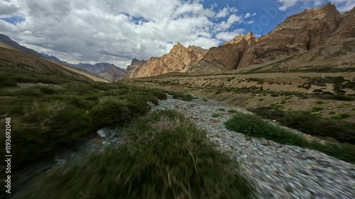 Drone Flying Fast Over Mountain River and Rocky Landscape