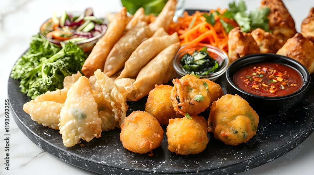 Fototapeta premium A luxurious spread of fried items including tempura vegetables samosas and croquettes arranged elegantly on a marble plate.