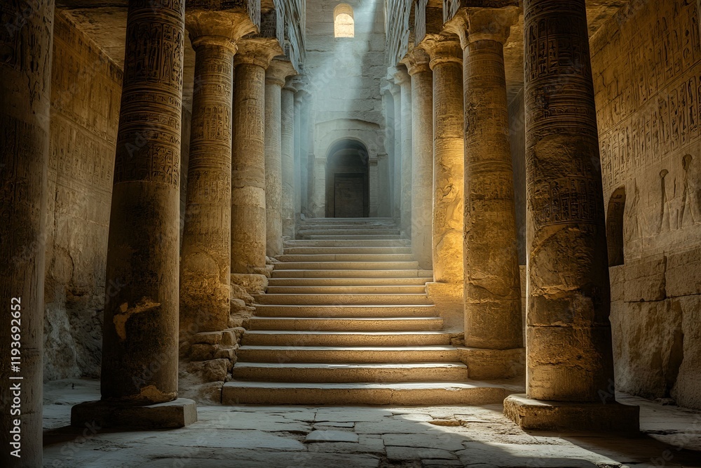 Ancient stone staircase illuminated by soft light in a historical temple with carved pillars Ancient stone staircase illuminated by soft light in a historical temple with carved pillars