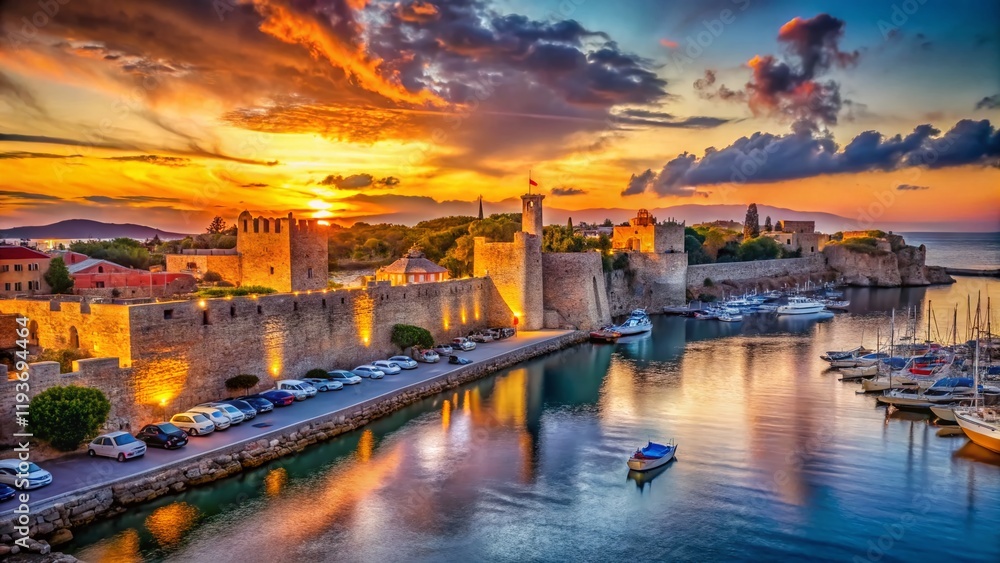 Fototapeta premium Rhodes Island Sunset: Old Town Harbor Entrance, Greece