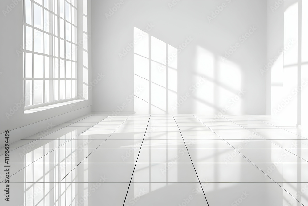 Obraz premium Bright white studio room with tiled floor and minimalist interior for product photography