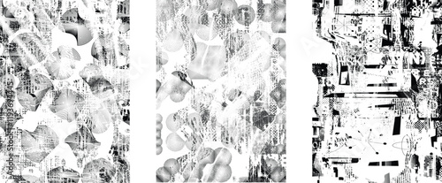 Set of posters with glitch distorted grunge texture. Poster collection texture with halftone dots, glitched shapes, textures and lines .Screen print vector poster pack with grunge textured surface
