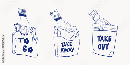 Hand drawn set of a take away bag. Doodle paper package, carton food packaging sketch, fast food to go concept. Vector isolated collection