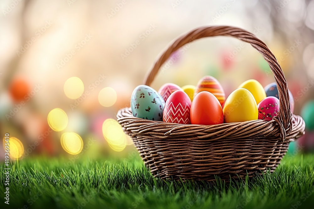 Naklejka premium Colorful painted easter eggs in basket on green grass