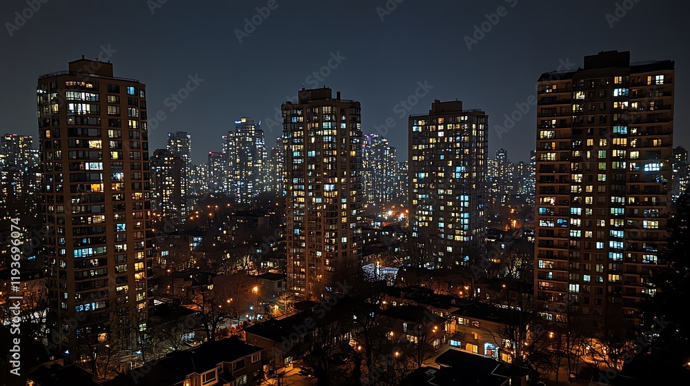 City Skyline at Night with Glowing Apartment Buildings City Skyline at Night with Glowing Apartment Buildings