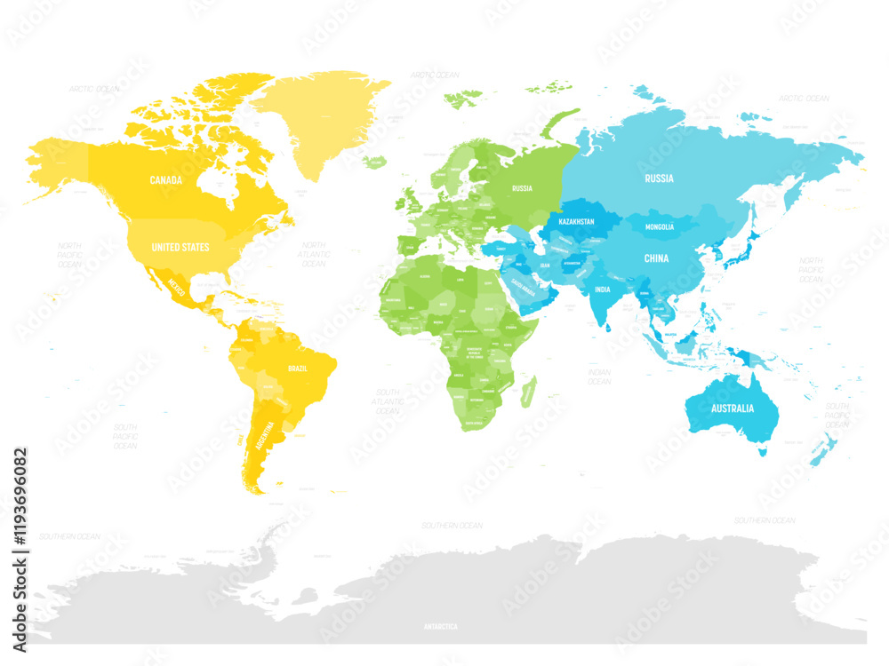 Obraz premium This vector illustration details a political map of the world, highlighting capital cities, regional boundaries, and geographical features for easy reference and study.