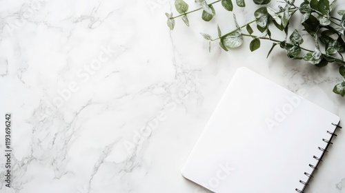Minimalist white notebook marble surface flat lay photography serene environment artistic viewpoint creative concept for inspiration