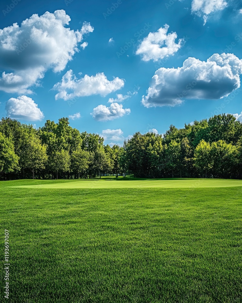 Beautiful green grass meadow with blue sky and white clouds background. Beautiful nature landscape with trees in park, field of short cut grass for golf course . wide angle lens, depth of focus, high Beautiful green grass meadow with blue sky and white clouds background. Beautiful nature landscape with trees in park, field of short cut grass for golf course . wide angle lens, depth of focus, high