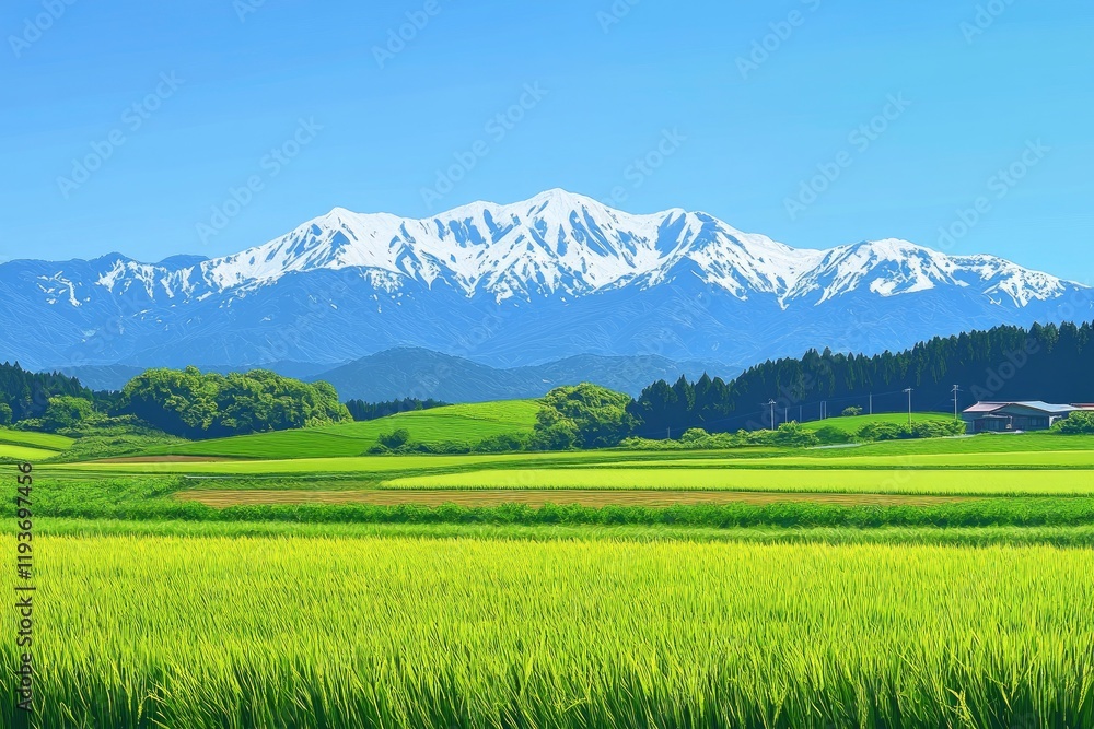 Beautiful green grassy hills under blue sky in summer, mountains background. Beautiful Japanese landscape panorama with meadow field and mountain range. A photograph of an Colourful stunning breathtak