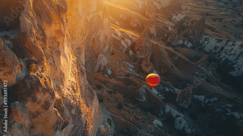 Wallpaper Mural Aerial View of Hot Air Balloon Soaring Over Cappadocia Landscape at Sunset Torontodigital.ca