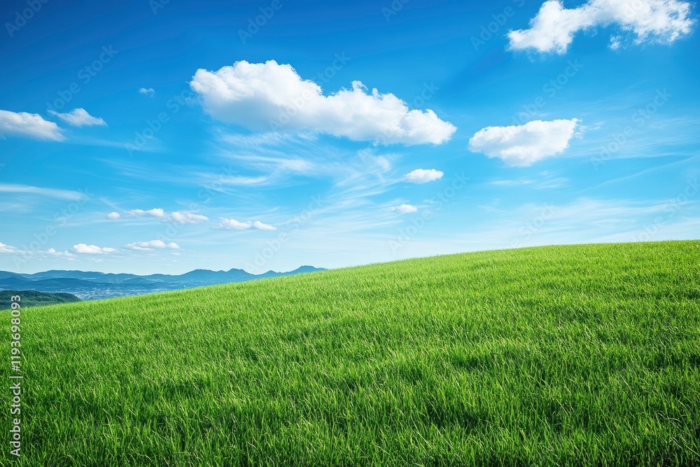 Beautiful green grassy hills under blue sky in summer, mountains background. Beautiful Japanese landscape panorama with meadow field and mountain range. A photograph of an Colourful stunning breathtak Beautiful green grassy hills under blue sky in summer, mountains background. Beautiful Japanese landscape panorama with meadow field and mountain range. A photograph of an Colourful stunning breathtak