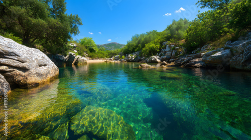 A tranquil cove with crystal-clear waters surrounded by lush greenery and smooth boulders under a bright blue sky.