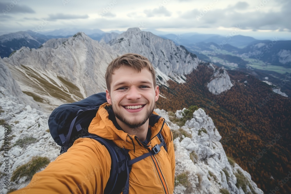 Young hiker man taking selfie portrait on the top of mountain - Happy guy smiling at camera - Hiking, sport, travel and technology concept - Bright filter Young hiker man taking selfie portrait on the top of mountain - Happy guy smiling at camera - Hiking, sport, travel and technology concept - Bright filter