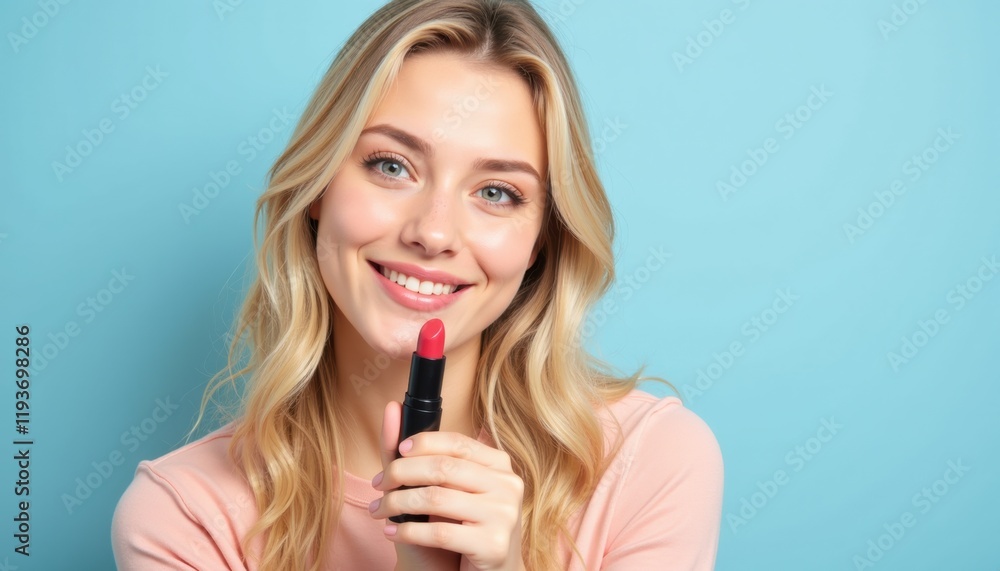 Blonde woman with lipstick mockup, smiling at the camera, light blue background with copy space Blonde woman with lipstick mockup, smiling at the camera, light blue background with copy space