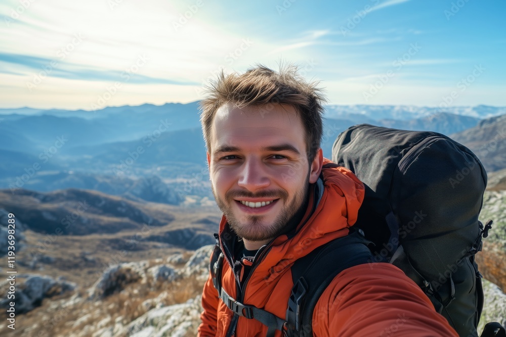 Young hiker man taking selfie portrait on the top of mountain - Happy guy smiling at camera - Hiking, sport, travel and technology concept - Bright filter Young hiker man taking selfie portrait on the top of mountain - Happy guy smiling at camera - Hiking, sport, travel and technology concept - Bright filter