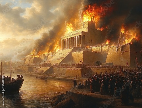 A dramatic painting depicting the fall and destruction of Babylon, with flames engulfing its iconic temples as soldiers in traditional ancient attire gather around their ships on the riverbank. 