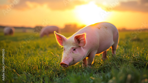 A tranquil farm scene featuring a pig grazing in a lush green pasture under a golden sunset. photo