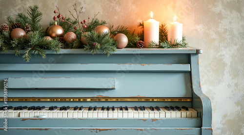 antique light blue piano decorated with rose gold ornaments pine branches and candles for christmas