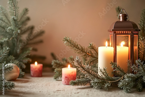 illuminated candles and lantern with frosted pine branches