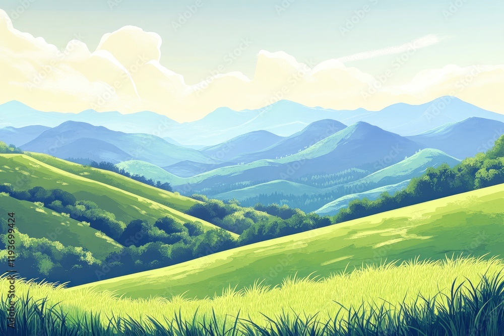 Beautiful green grassy hills with blue sky and mountains in the background, summer landscape, natural scenery of Japan, sunny day. A real photo taken by camera studio quality, high resolution, wide Beautiful green grassy hills with blue sky and mountains in the background, summer landscape, natural scenery of Japan, sunny day. A real photo taken by camera studio quality, high resolution, wide