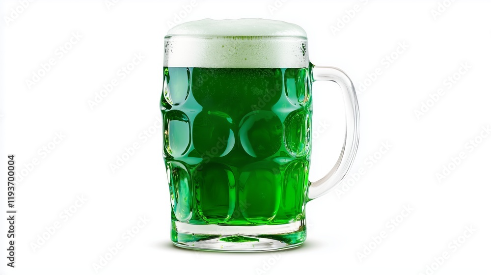 Close-up of a glass mug with green beer on a white background, filled to the brim with white foam symbolizing St. Patrick's Day. Close-up of a glass mug with green beer on a white background, filled to the brim with white foam symbolizing St. Patrick's Day.