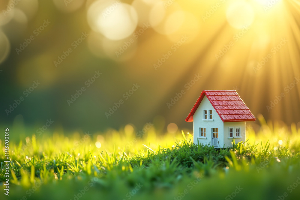 miniature white house with a red roof sits on vibrant green grass under warm sunlight miniature white house with a red roof sits on vibrant green grass under warm sunlight