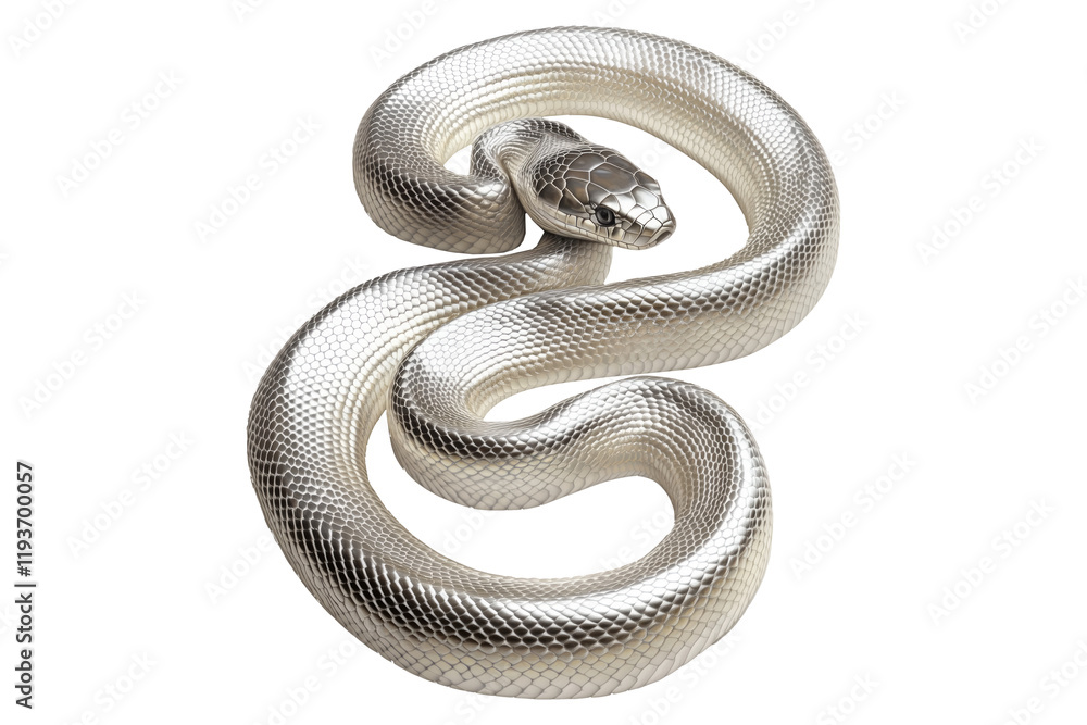 Fototapeta premium Coiled silver snake sculpture with detailed scales isolated on white background, reptiles or wildlife