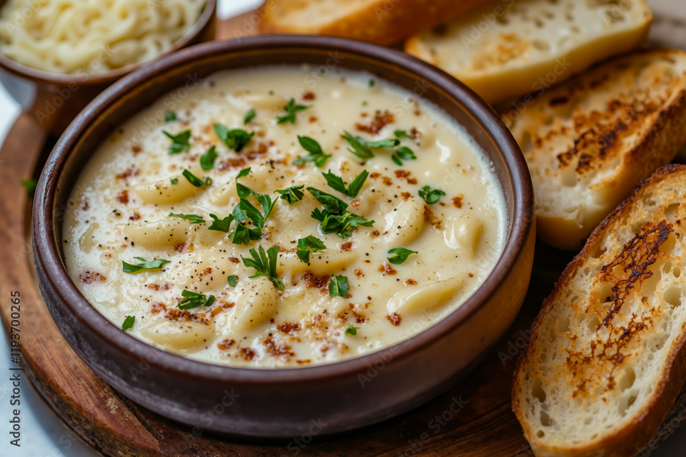 A bowl of macaroni and cheese soup with bread on a wooden board A bowl of macaroni and cheese soup with bread on a wooden board