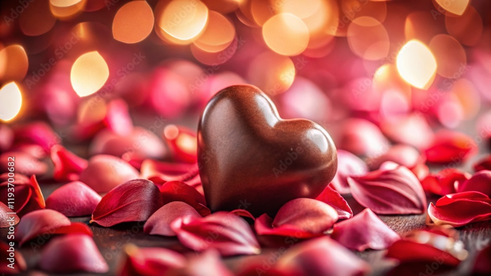 Fototapeta premium Romantic Valentine's Day Close-up: Heart-Shaped Chocolate and Rose Petals