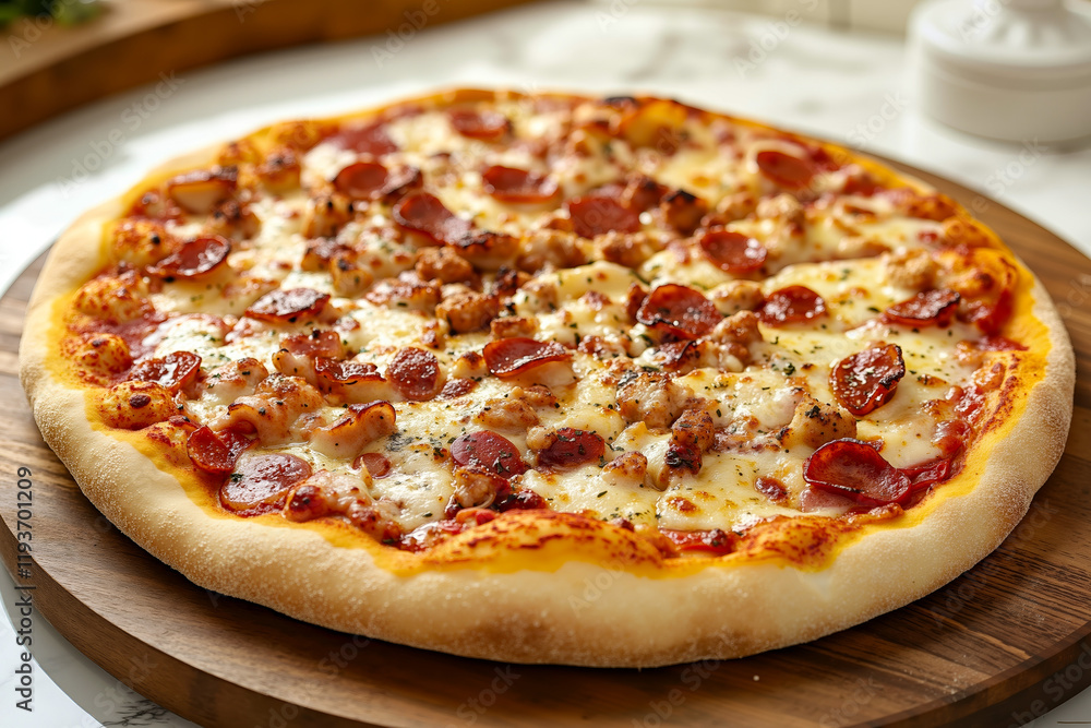 A pepperoni pizza sitting on top of a wooden cutting board A pepperoni pizza sitting on top of a wooden cutting board