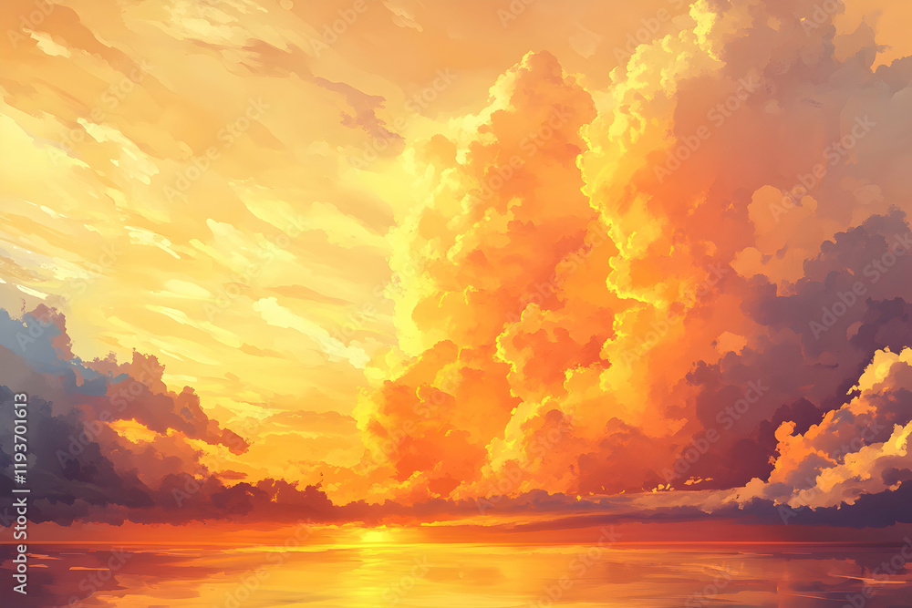 Naklejka premium Golden sunset with soft clouds creating a romantic orange and yellow horizon glow