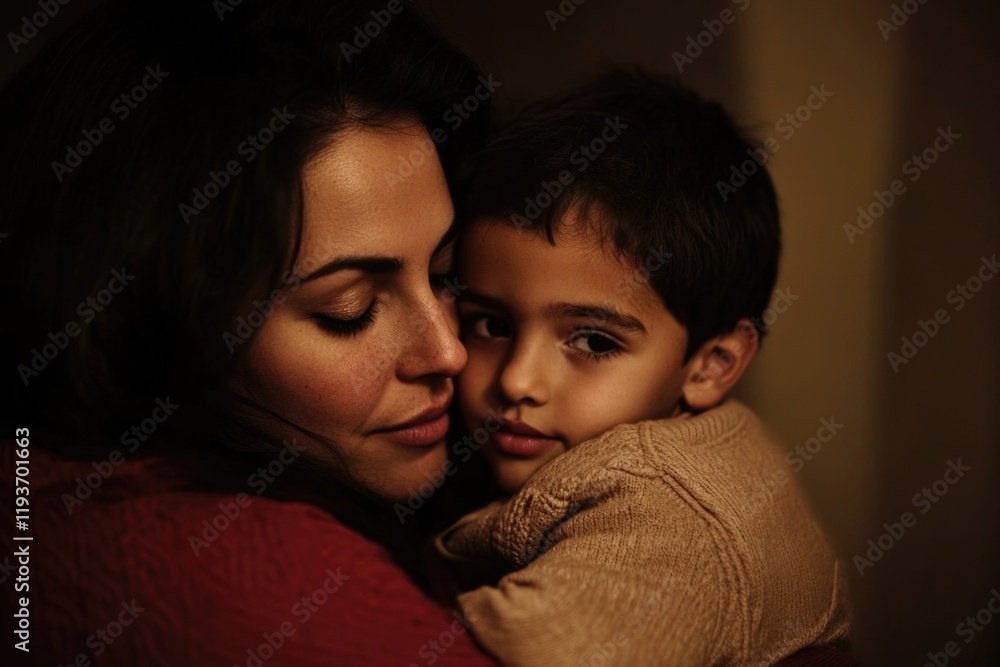 Warm embrace of hispanic mother and young son in dim light Warm embrace of hispanic mother and young son in dim light