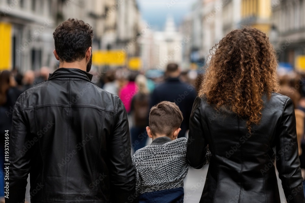 Family strolling on busy city street from behind Family strolling on busy city street from behind