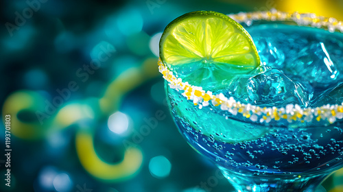 A vivid margarita abstraction with swirling turquoise liquid floating salt crystals and lime zest glowing in motion.