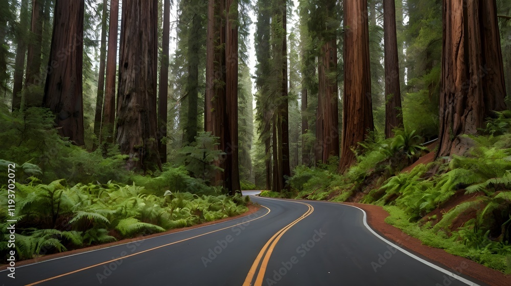 Fototapeta premium Winding road surrounded by towering redwood trees in a lush green forest