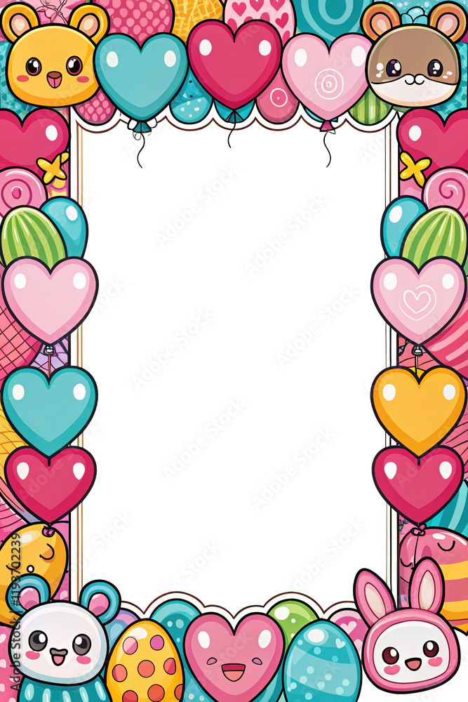 Fototapeta premium Valentine's Day design, photo frame, cover, card border, cute cartoon graffiti art, transparent background