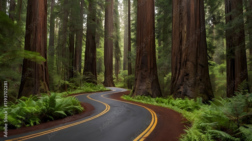 Obraz premium Winding road surrounded by towering redwood trees in a lush green forest