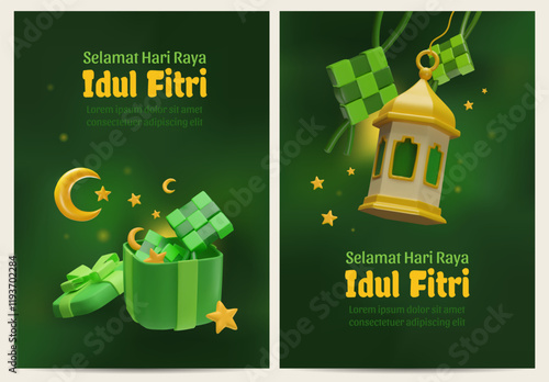 Idul Fitri Selamat Hari Raya posters 3D design vector set, open green gift box of Ketupat, gold crescent moon, lantern photo